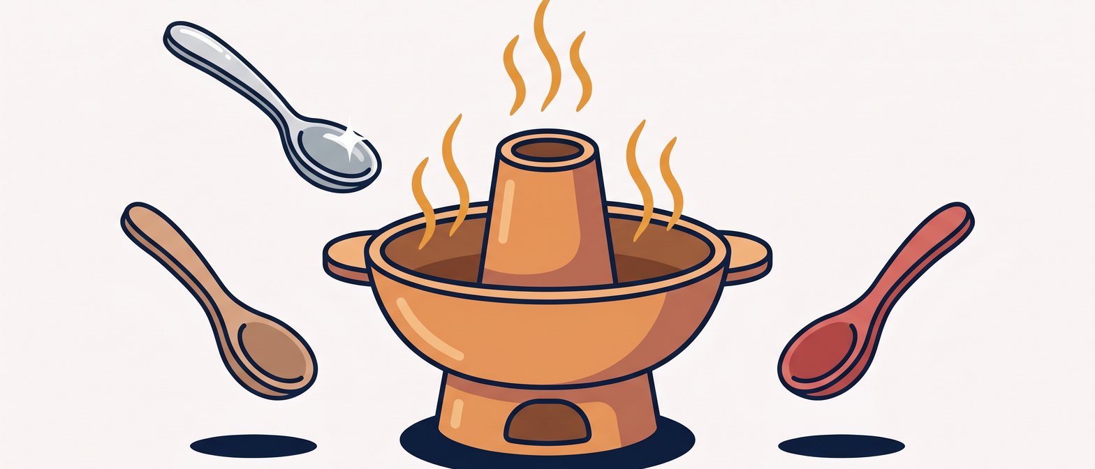A flat-vector scene of a steamboat hotpot surrounded by spoons of different materials — a shiny metal spoon, a wooden spoon, and a red plastic spoon — with wavy heat lines rising from the pot, on a soft off-white background in IllumiTutor navy and amber.