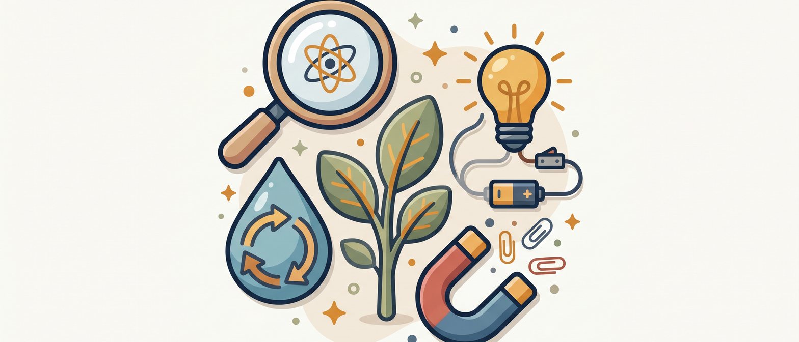 A plant, water droplet, circuit, magnet and magnifying glass