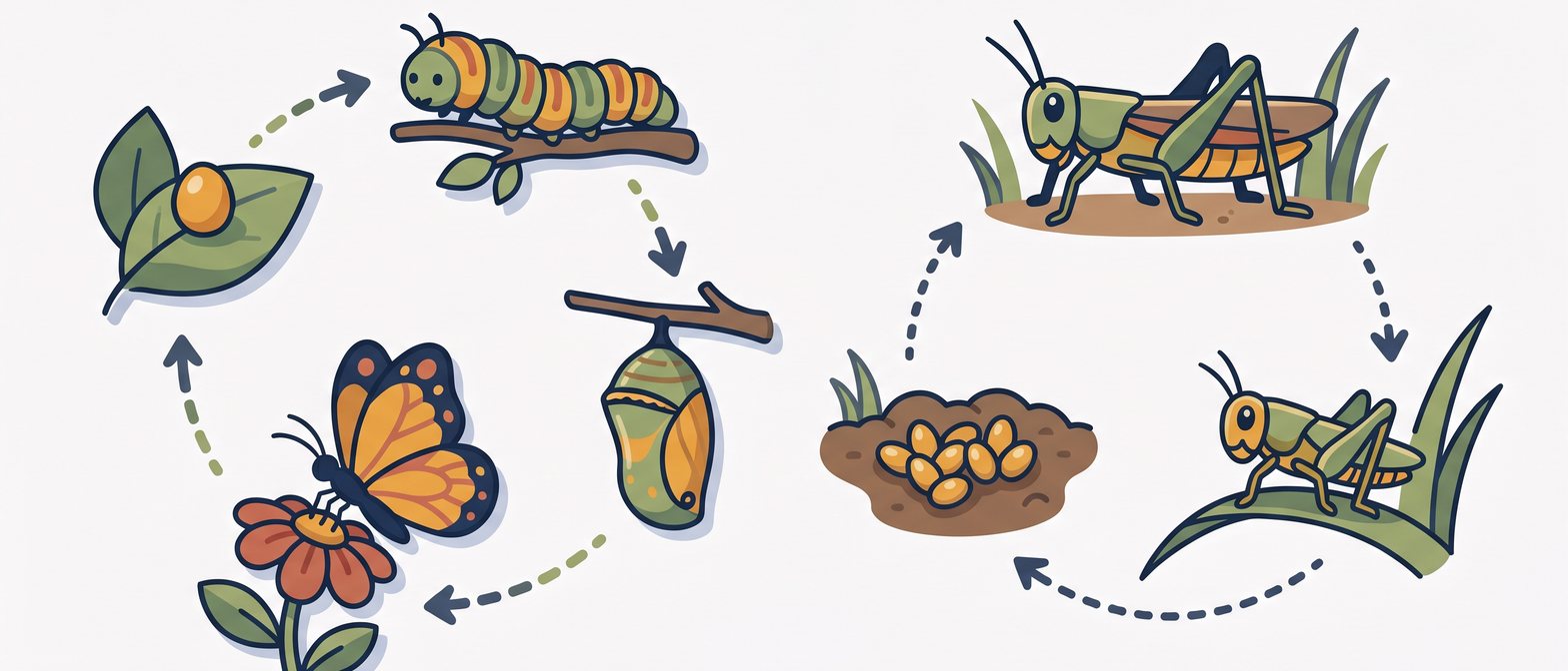 A friendly flat-vector diagram showing two life cycles side by side: a butterfly cycle (egg, caterpillar, chrysalis, butterfly) and a grasshopper cycle (egg, nymph, adult), on a soft off-white background in IllumiTutor navy and amber.