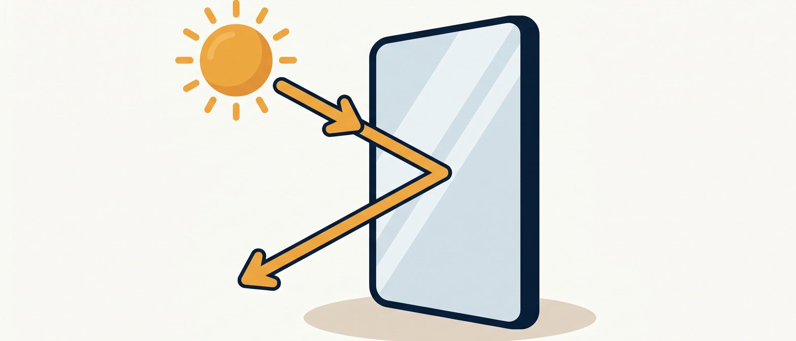 A flat-vector scene showing a bright sun and an electric lamp sending straight yellow ray lines toward a shiny mirror, with the rays bouncing off at equal angles — on a soft off-white background in IllumiTutor navy and amber, no text.