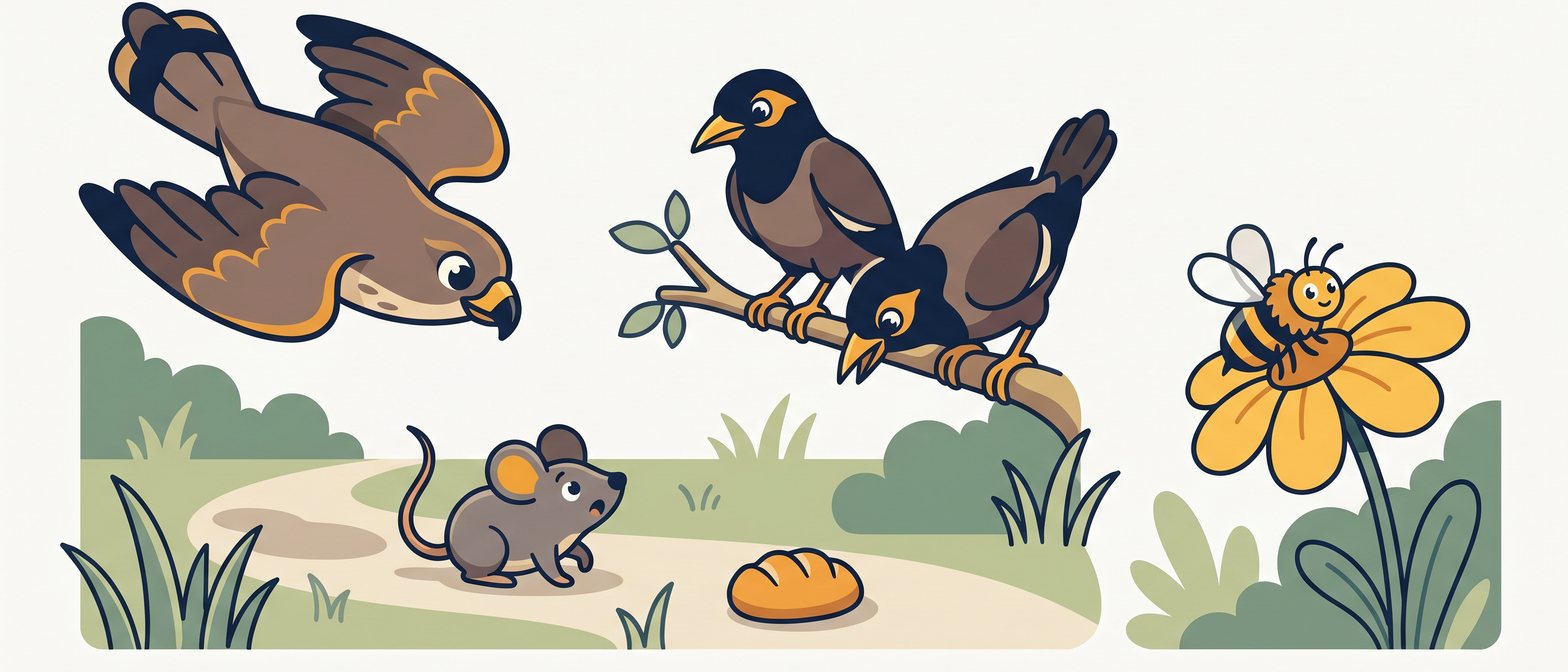 A flat-vector scene of a hawk diving towards a mouse in a park, two birds eyeing the same worm, and a bee visiting a flower — set on a soft off-white background in IllumiTutor navy and amber.
