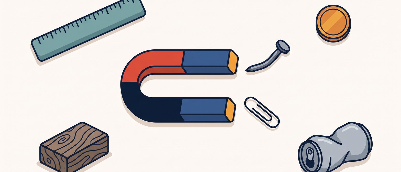 A flat-vector scene showing a bright red-and-blue horseshoe magnet with a cluster of everyday objects nearby — an iron nail and steel paperclip drawn toward it, and a plastic ruler, wooden block, copper coin, and aluminium can staying away — on a soft off-white background in IllumiTutor navy and amber.