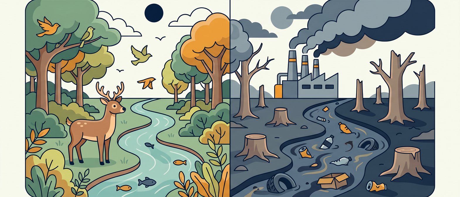 A flat-vector split scene showing one side with a lush green forest, clean river and animals, and the other side with factory smoke, a polluted brown river and bare stumps, on a soft off-white background in IllumiTutor navy and amber.