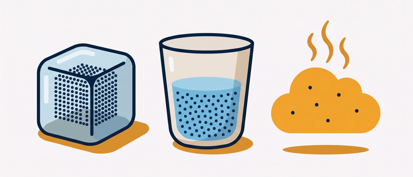 A flat-vector illustration showing an ice cube, a glass of water, and steam rising side by side, with tiny particle dots packed tightly in the ice, loosely in the water, and spread far apart in the steam, on a soft off-white background in IllumiTutor navy and amber.
