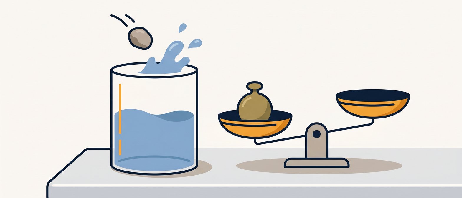A flat-vector illustration of a science lab bench with a glass measuring cylinder half-filled with blue water, a small stone mid-drop, a triple-beam balance with a brass weight on one pan, and unit labels showing cm³ and g on a soft off-white background in IllumiTutor navy and amber.