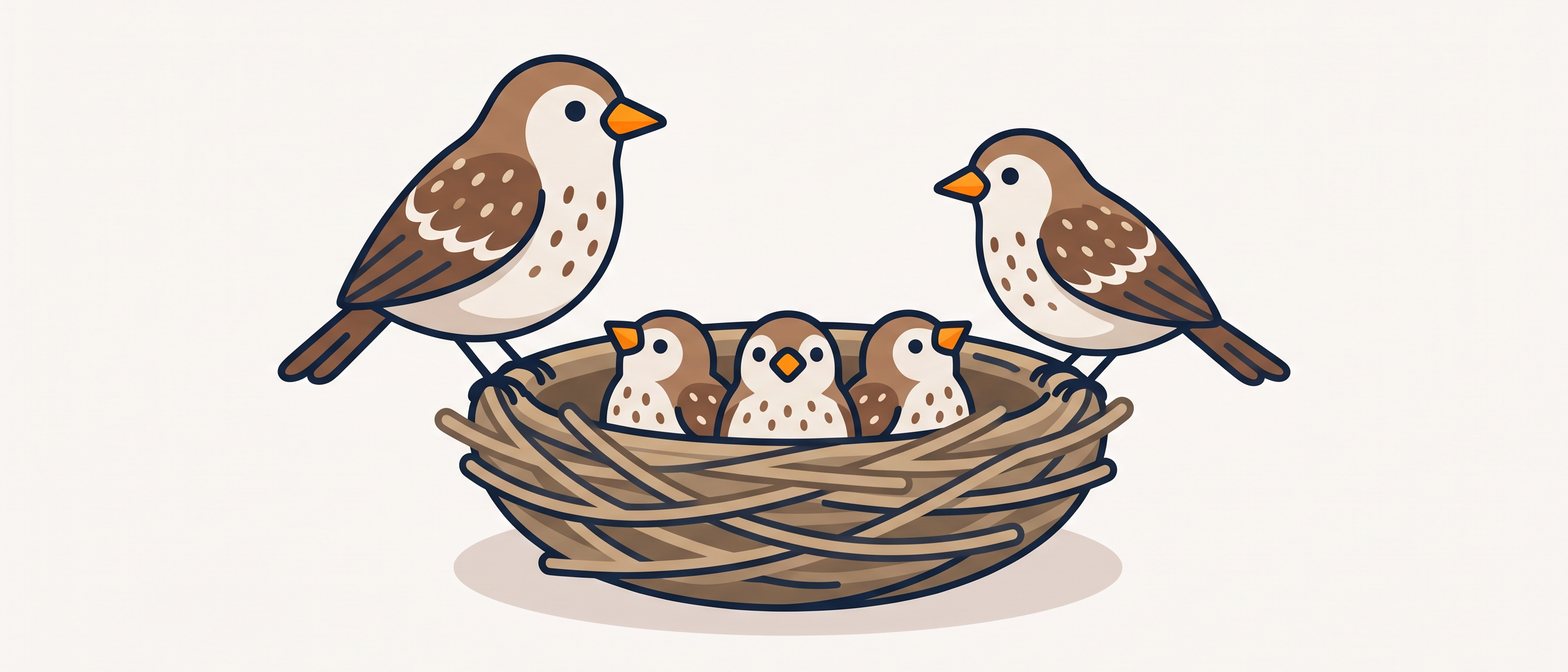 A friendly flat-vector illustration of two parent birds with a nest of chicks, all sharing the same bright orange beak and speckled feather pattern, on a soft off-white background in IllumiTutor navy and amber.