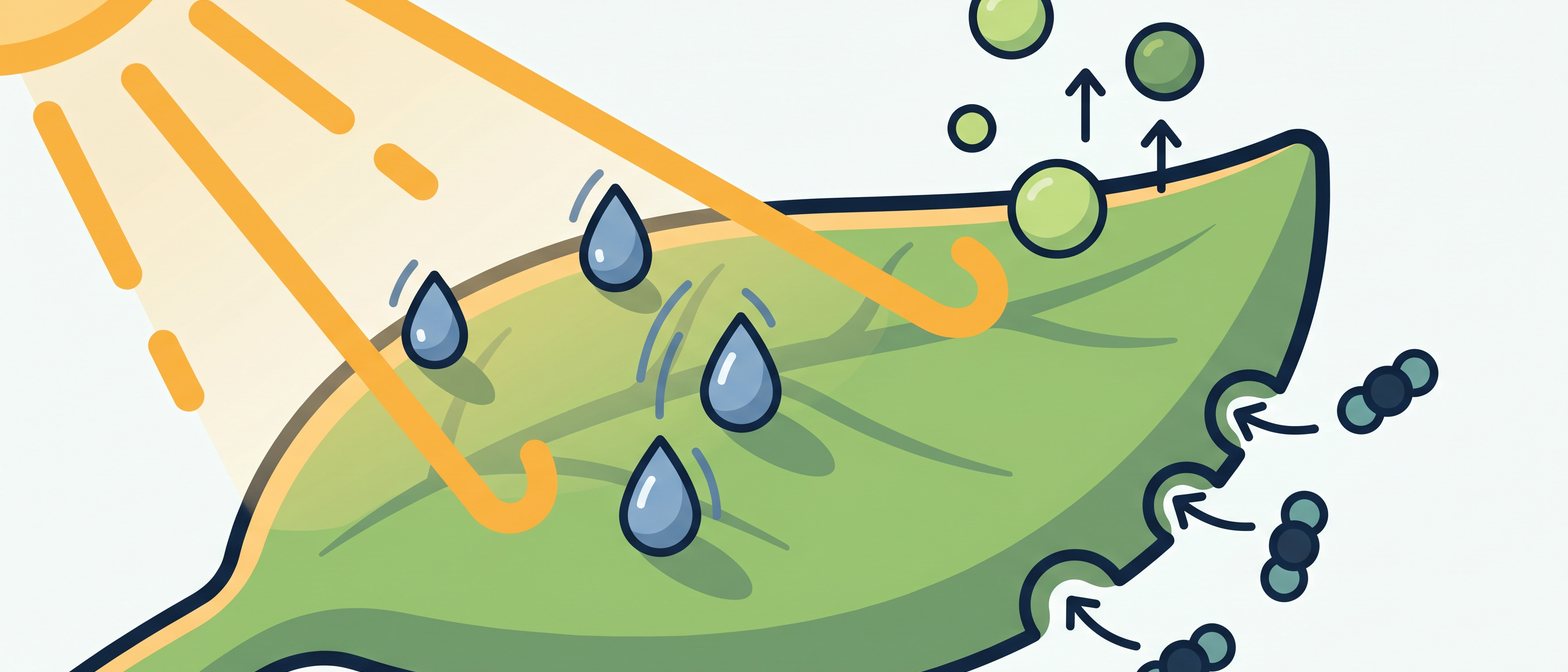 A flat-vector illustration of a sunlit green plant with leaves, water droplets on the soil, and small oxygen bubbles rising from the leaves, on a soft off-white background in IllumiTutor navy and amber.