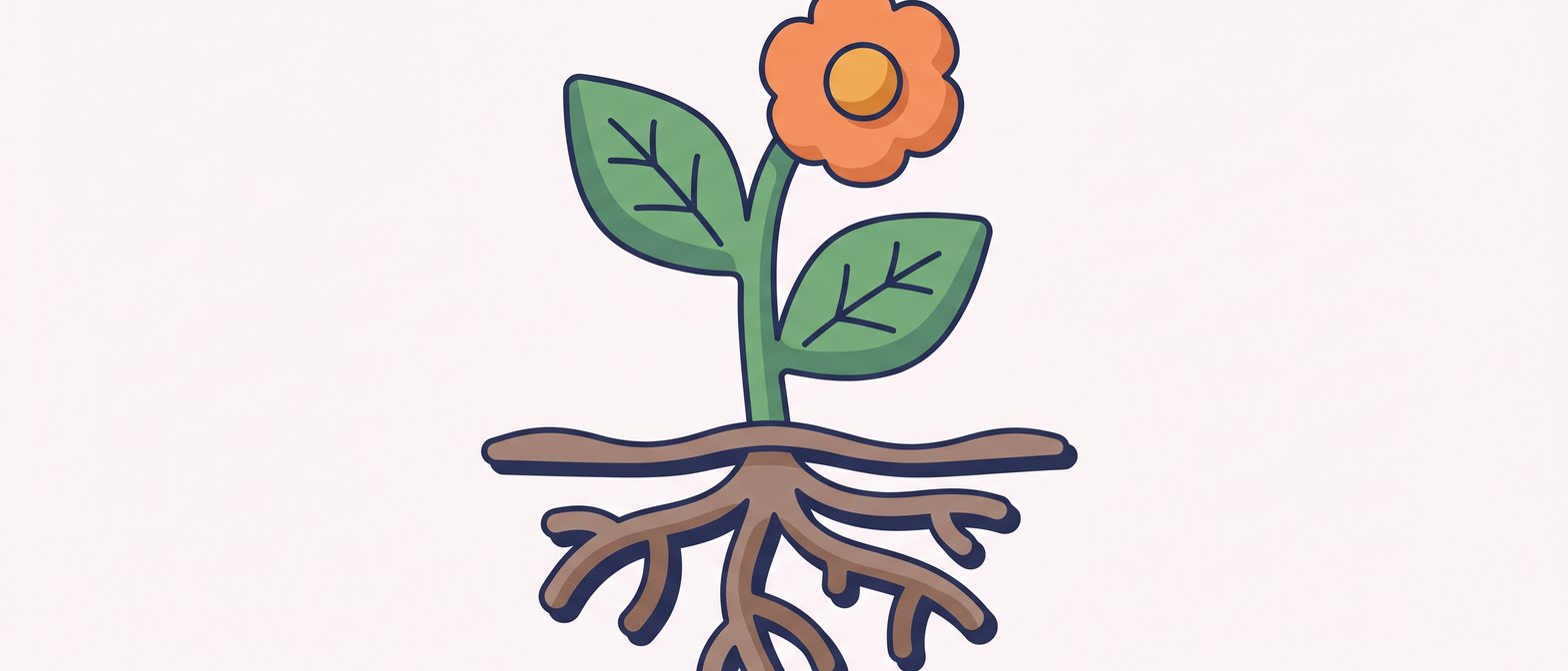 A flat-vector illustration of a whole plant showing roots, stem, green leaves and an orange flower against a soft off-white background in navy and amber.