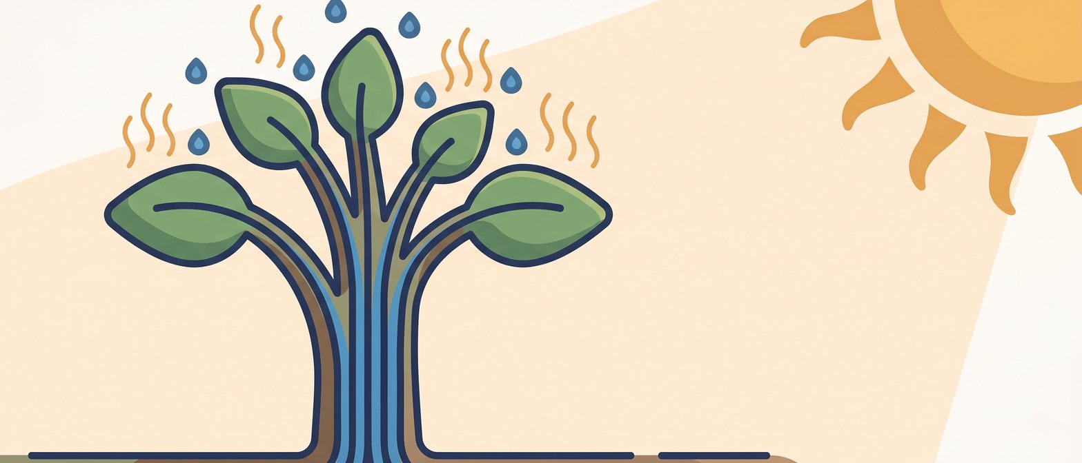 A friendly flat-vector illustration of a cross-section plant showing blue water rising through the stem from the roots up to the leaves, with small droplets of water vapour escaping from the leaf surface, on a soft off-white background in navy and amber.