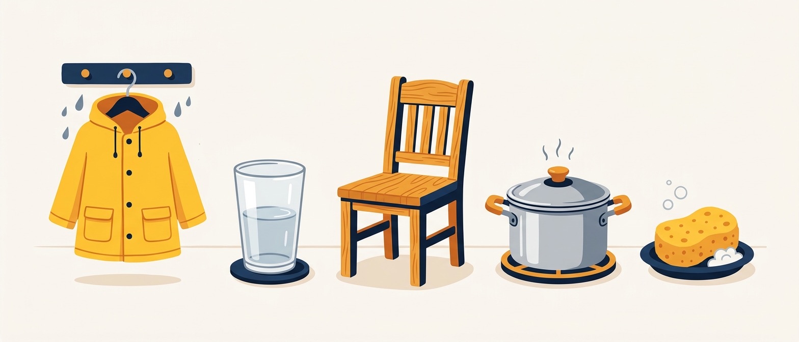 A friendly flat-vector scene of everyday materials together — a yellow raincoat, a clear glass window and cup, a wooden chair, a metal pot, and a sponge — on a soft off-white background in IllumiTutor navy and amber.