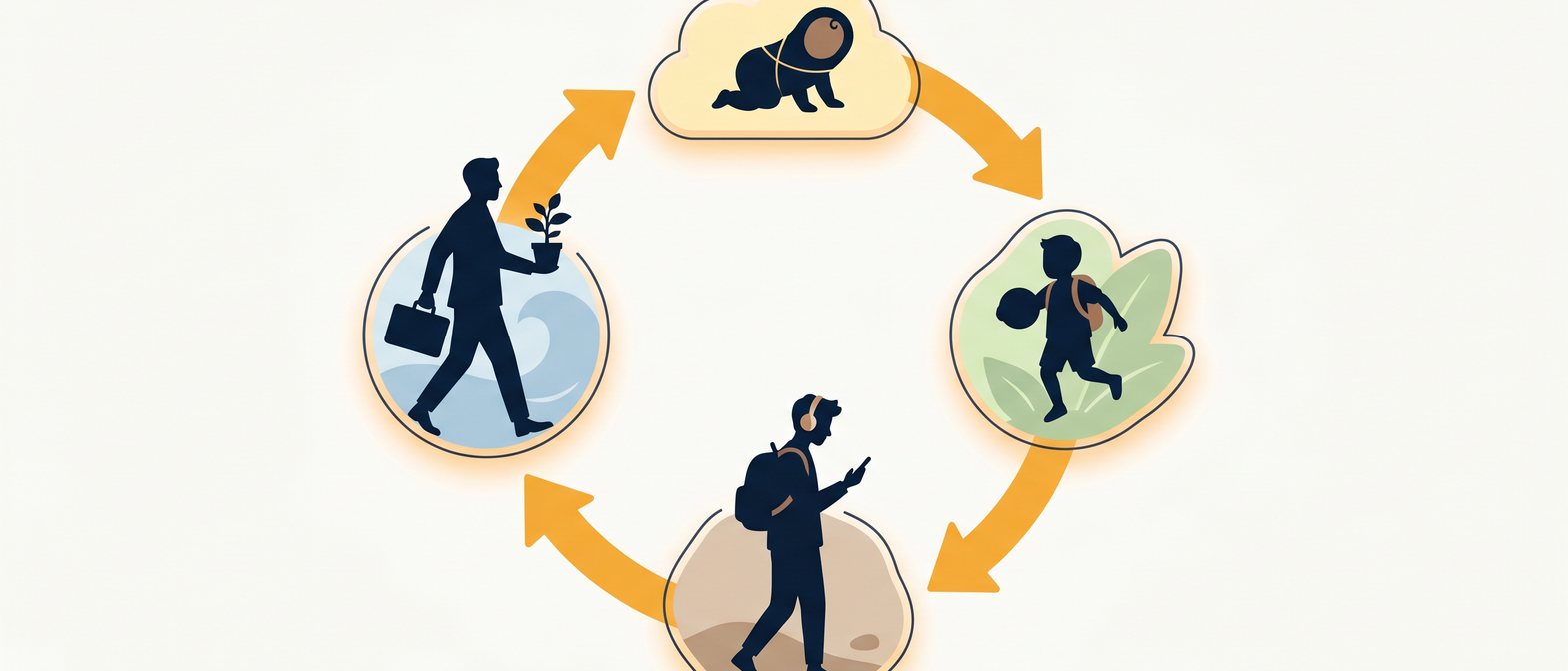A friendly flat-vector scene showing a baby, a child, a teenager, and an adult arranged in a circular life cycle, with soft amber and navy colours on an off-white background.