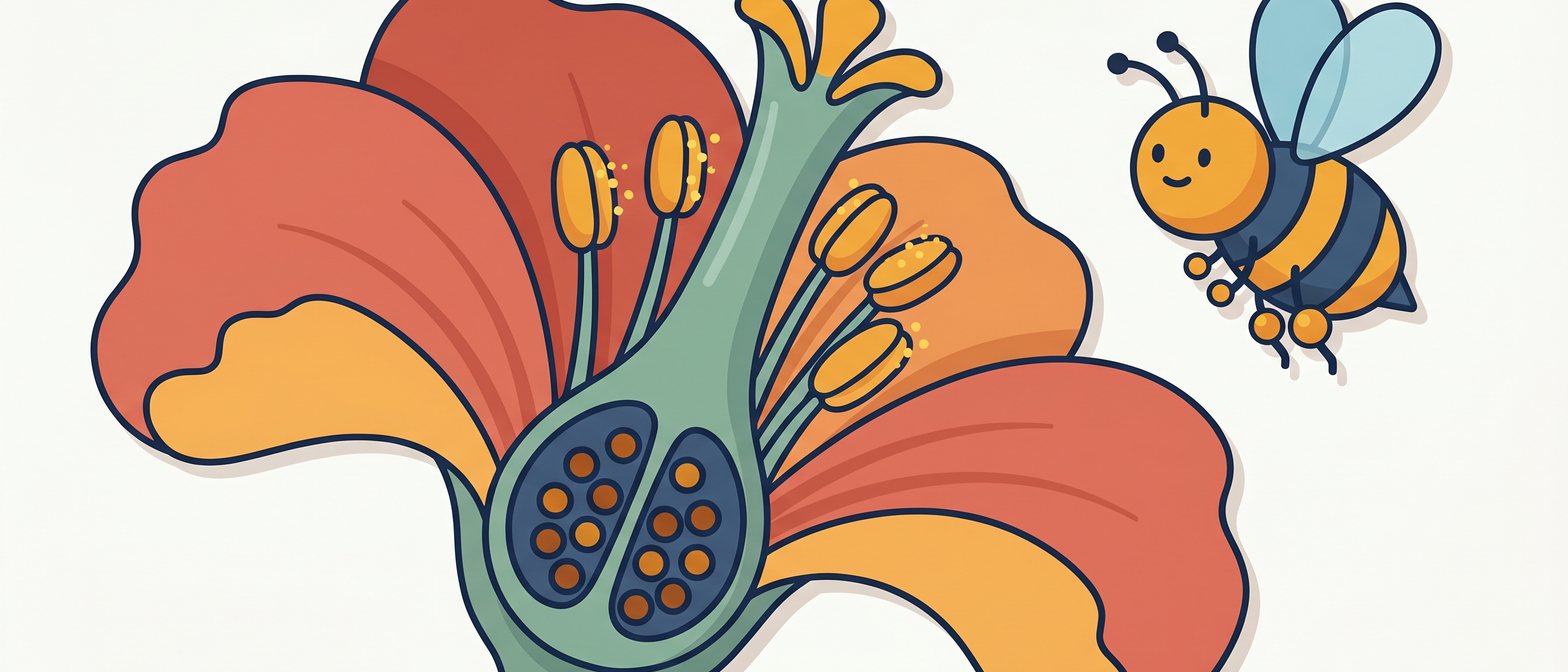 A friendly flat-vector cross-section of a large tropical flower — showing the yellow anther, sticky stigma, style, and round ovary with seeds inside — alongside a bee carrying pollen, all on a soft off-white background in IllumiTutor navy and amber.