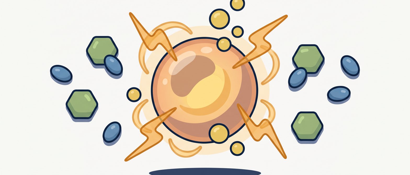 A flat-vector illustration of a glowing cell releasing energy lightning bolts, carbon dioxide bubbles, and water droplets, surrounded by glucose molecules and oxygen atoms, on a soft off-white background in navy and amber.