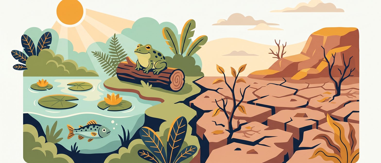 A flat-vector split scene of a lush Singapore pond habitat on one side with water plants, fish and sunlight, and a dried-up cracked earth habitat on the other side, in IllumiTutor navy and amber on an off-white background.