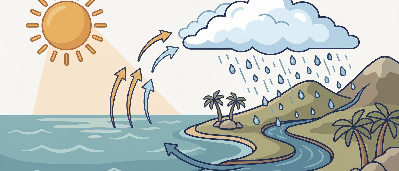 A friendly flat-vector scene of the water cycle over a tropical sea: a bright sun, arrows of water vapour rising, a white cloud, raindrops falling onto green hills, and a river flowing back to the sea, in IllumiTutor navy and amber on a soft off-white background.