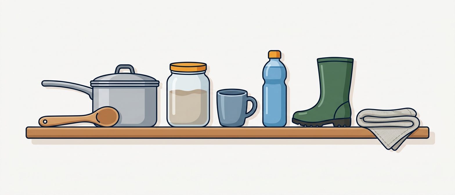 A tidy shelf of everyday objects grouped by material — a wooden spoon, a metal pot, a clear glass jar, a ceramic mug, a plastic bottle, a rubber boot, and a folded cloth — in a warm flat-vector style on a soft off-white background with IllumiTutor navy and amber.