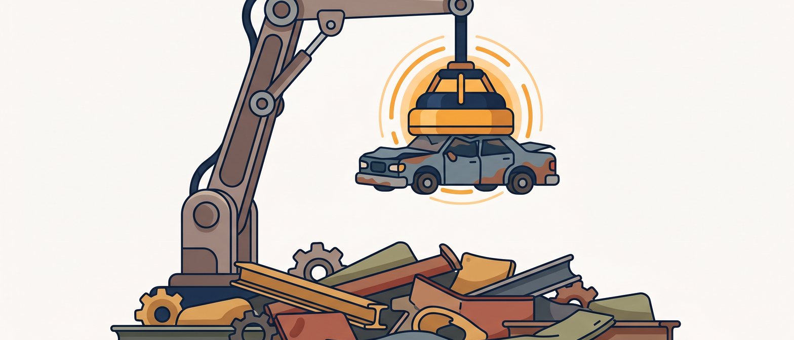 A flat-vector scrapyard scene with a large crane arm dangling an electromagnet that holds a steel car body above a pile of scrap metal, rendered in IllumiTutor navy and amber on a soft off-white background.